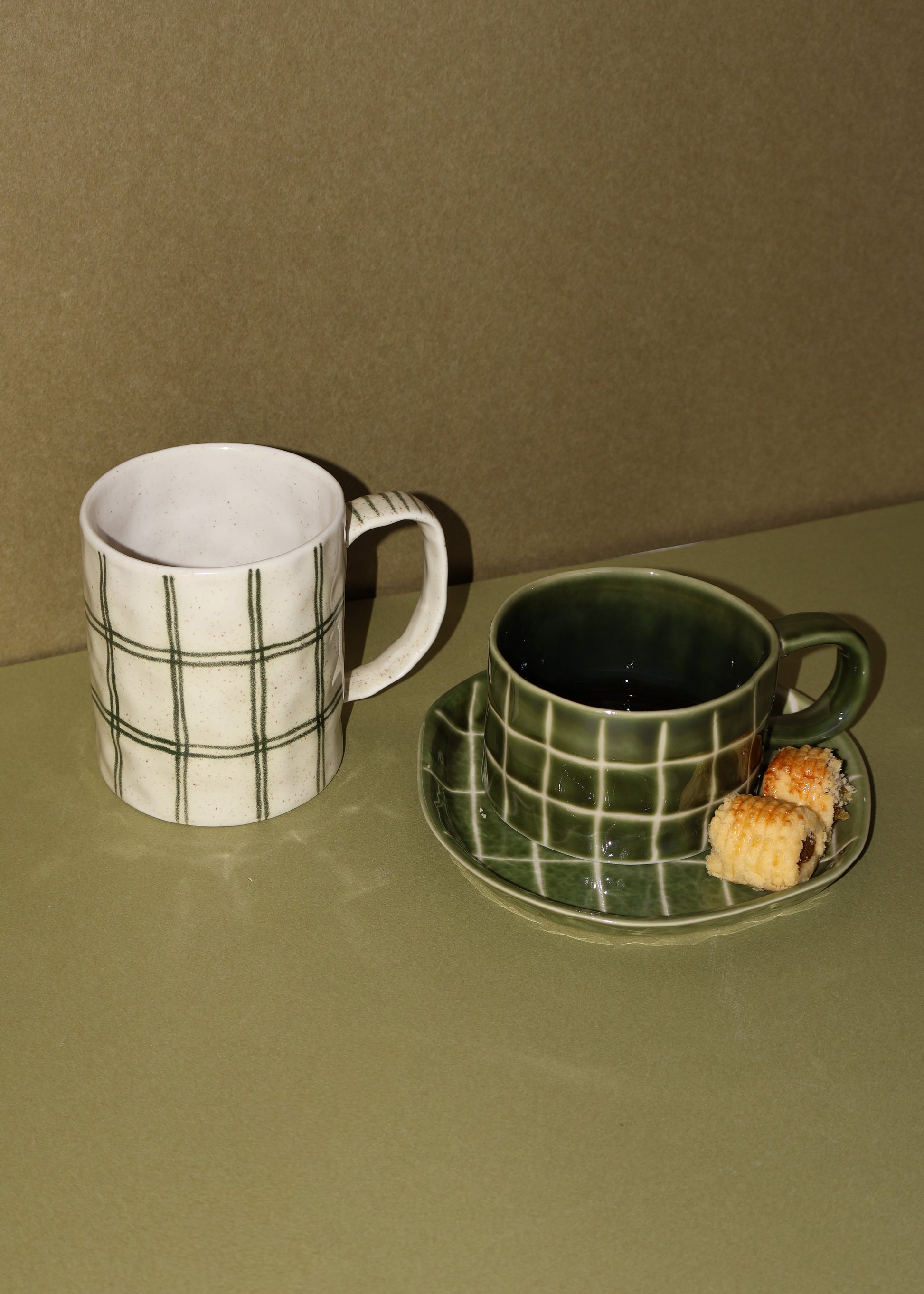 Ceria Haus Raya Tea Duo Bundle - Matcha Lines 300ml Mug & Matcha Maze 180ml Mug/ Saucer Set